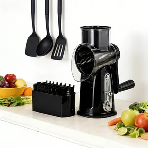 Rotary Cheese Grater with Handle - Vegetable Shredder with 5 Well-designed Blades & Strong Suction Base,Round Mandoline Slicer & Food Chopper for Kitchen,with Blade Storage Box Utensils Rotating Green