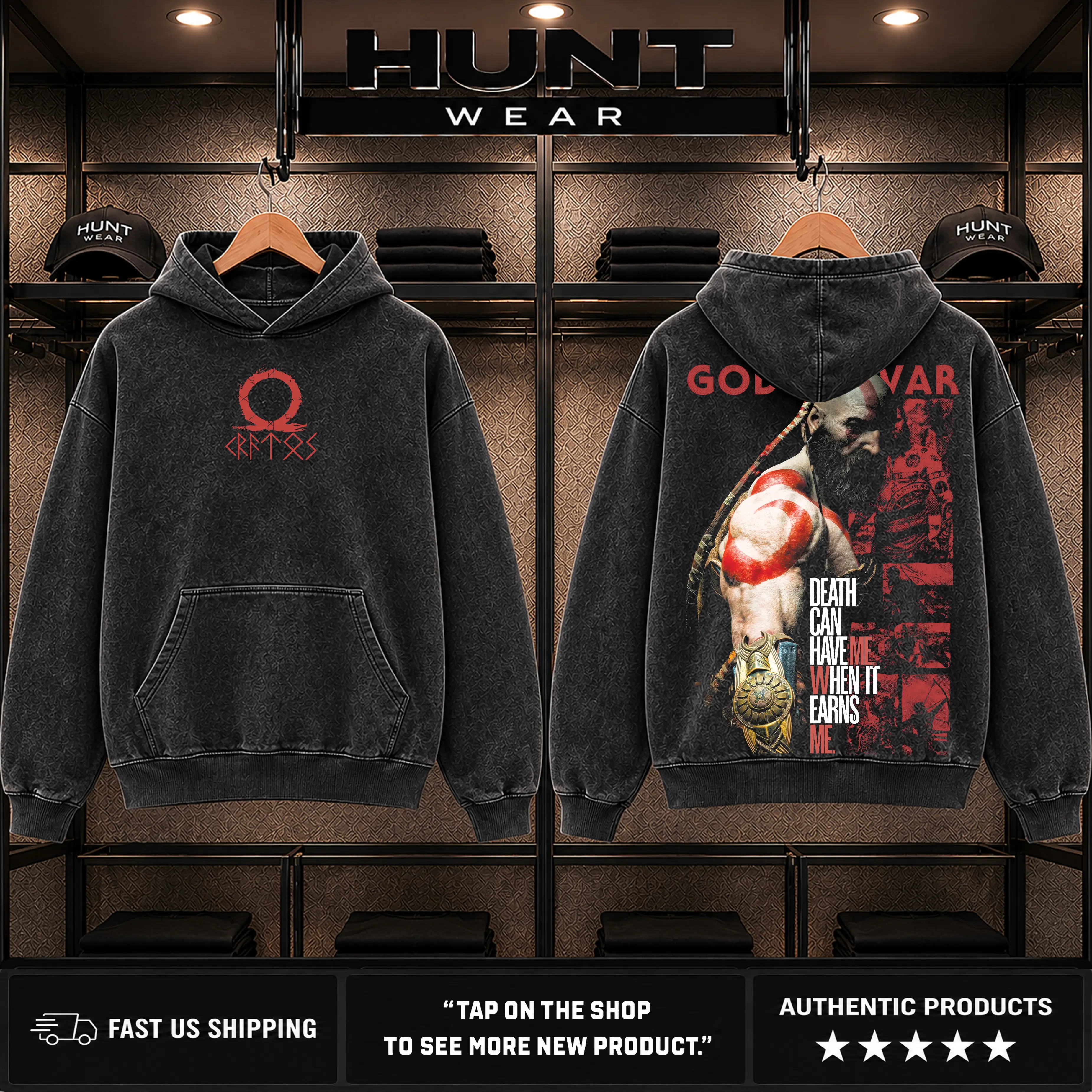 God of War Kratos Vintage Washed Hoodie, Spartan Warrior Graphic Pullover, Gaming Streetwear Hoodie, Death Can Have Me When It Earns Me Quote