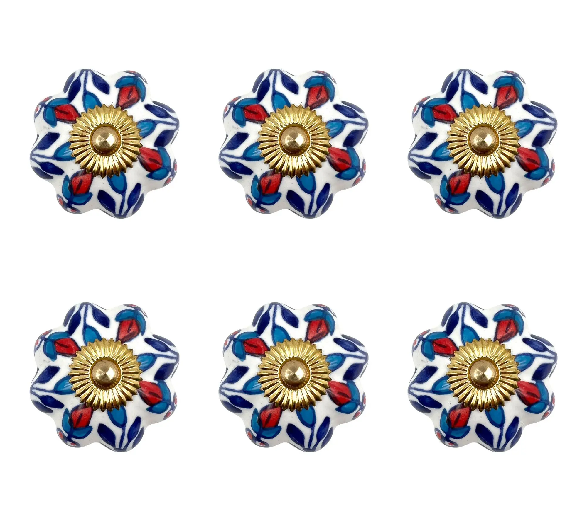 HomeRoots Set of 6 Blue Red White Floral Ceramic Knobs HomeRoots Set of 6 Blue Red White Floral Ceramic Knobs