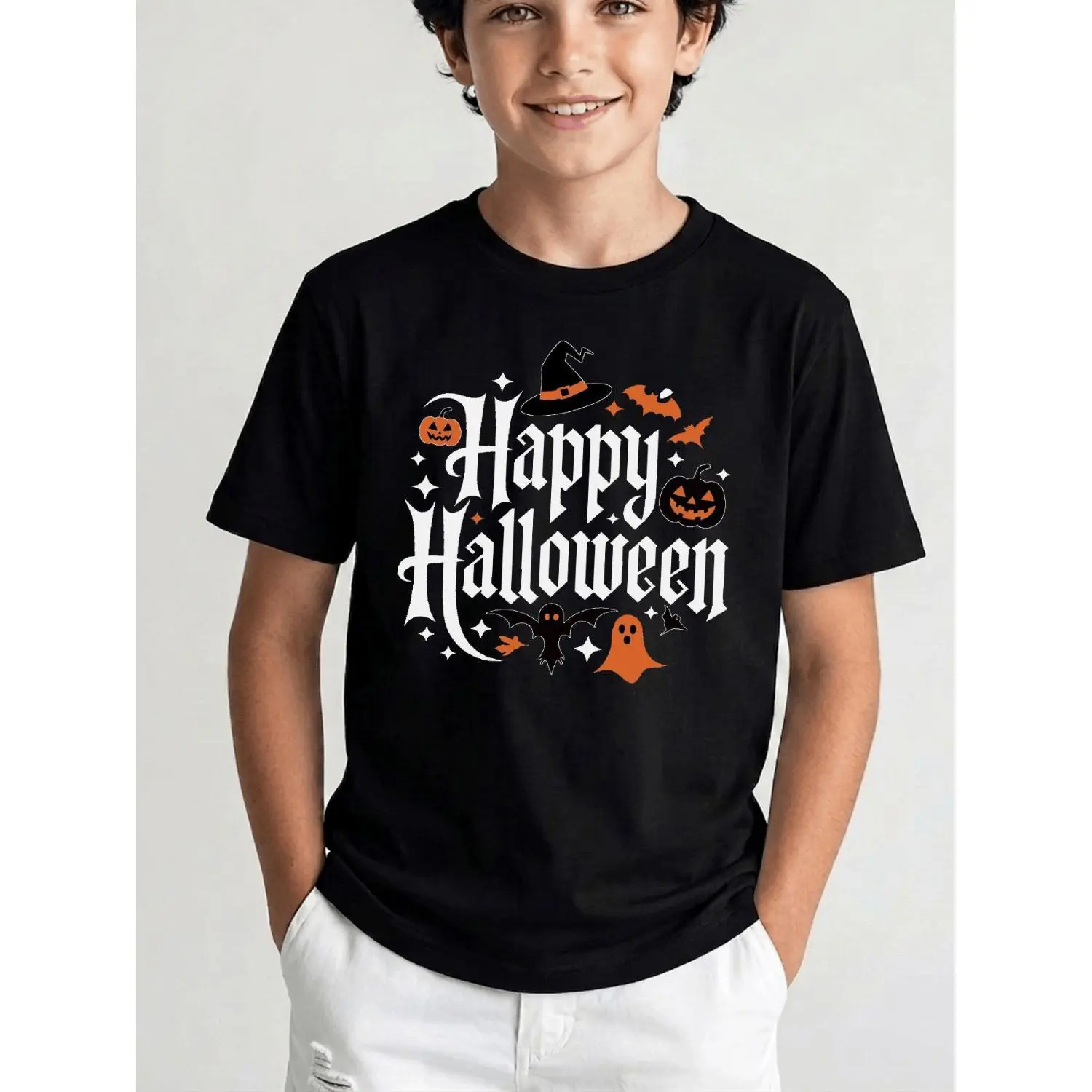[Printed Design - Not Textured] Boys Clothing Happy Halloween Pumpkin Ghost Witch Bat Graphic Tee Kids Wear Fall Casual Trendy Street Style Party Outfit Holiday Gift for Boys