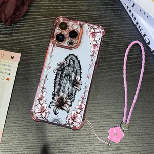 Virgin Mary with Lilies Design Four Corner Anti-Fall Phone case for iPhone Samsung Galaxy 17Pro Max Air 16Plus 15 14 13 12 11 XR XS S25 S24 S23 S22 cases, Our Lady of Guadalupe, Transparent cover, Non-Yellowing, Shockproof Soft silicone,Gifts For her.JL78