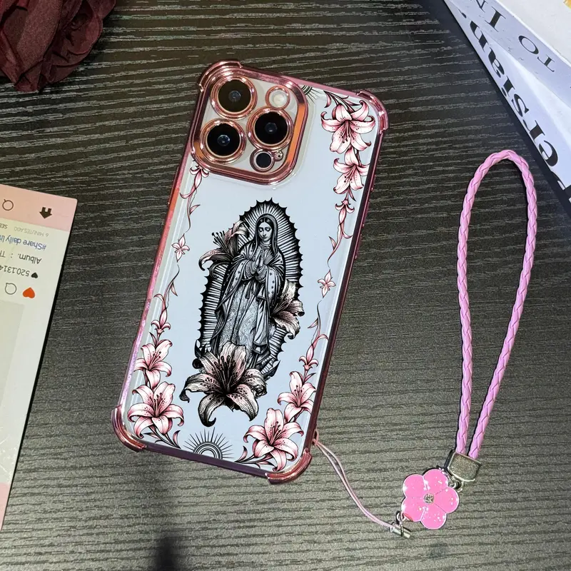 Virgin Mary with Lilies Design Four Corner Anti-Fall Phone case for iPhone Galaxy 18Pro Max 17 Air 16Plus 15 14 13 12 11 XR XS S25 S24 S23 S22 cases, Our Lady of Guadalupe,Transparent cover,Non-Yellowing,Shockproof Soft silicone,Gifts For her.JL78