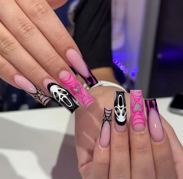 Neon Goth Halloween Press On Nails Extra Long Square Hot Pink Black Fake Nails with Scream Ghost Face Spider Webs Full Cover False Nails Alt Baddie Edgy Reusable Acrylic Manicure Kit for Women Cosplay Party Festival Salon Quality