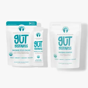 Gut Goodness Home & Travel Pack – Organic Baobab Powder (6oz Bag + 14 Prebiotic Powder Stick Packs) | Prebiotic Fiber Supplement & Daily Fiber for Gut Health