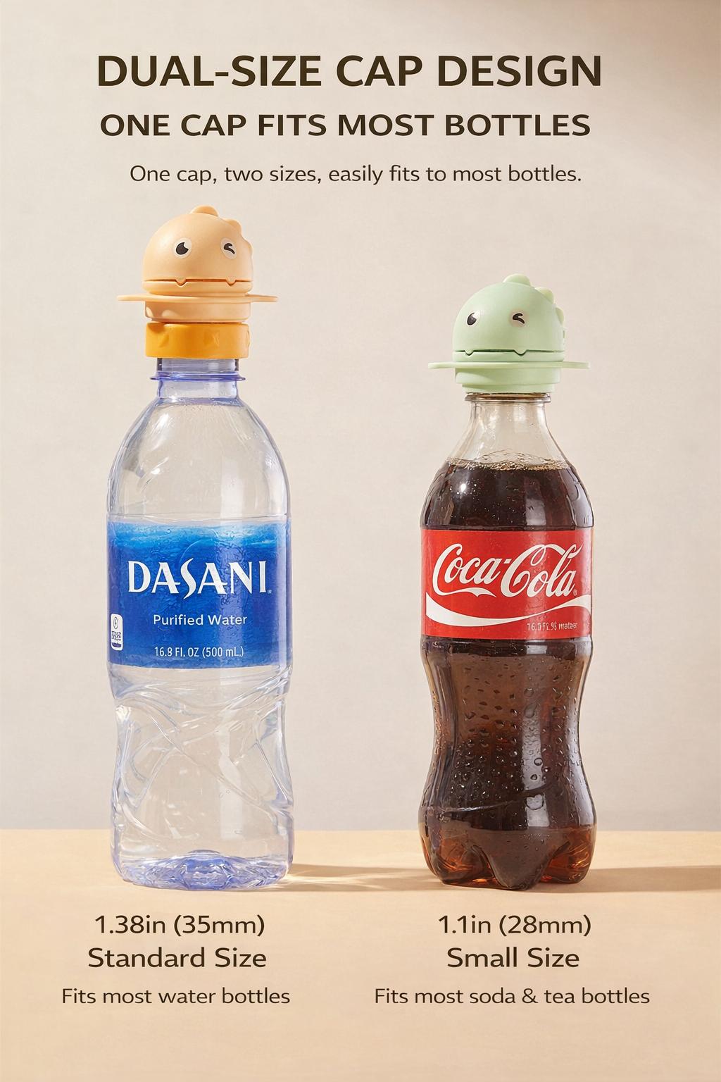 Universal 2-in-1 Dinosaur Bottle Cap with Straw – Dual Size 28/35mm, Spill-Proof Cute Drinking Lid for Water & Soda Bottles, Ideal for Makeup, Gym & Outdoor