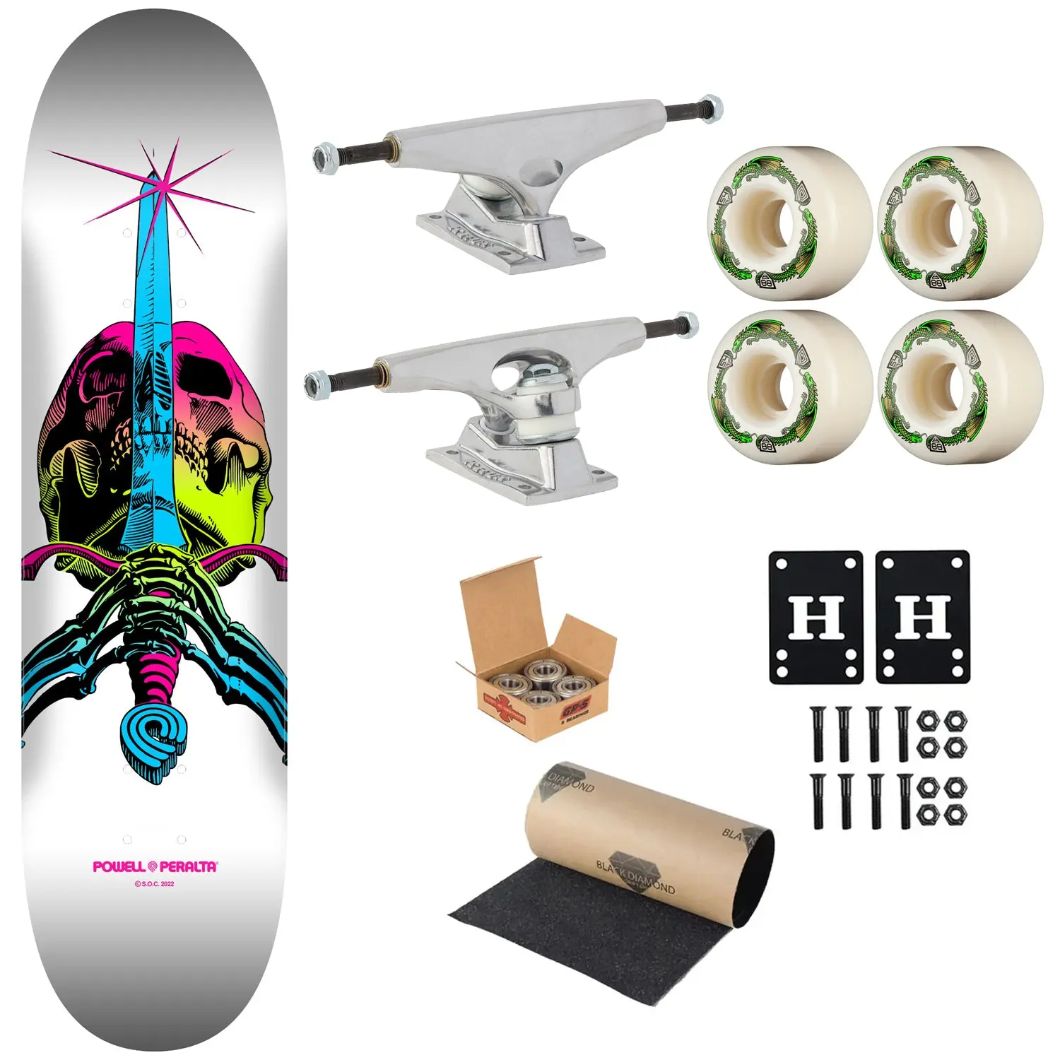 Powell Peralta Premium Skateboard Skull and Sword Lime Fade/White 9.0" Krux Trucks, Dragon Formula Wheels, Independent Bearings