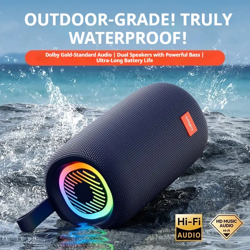 Claison Outdoor Bluetooth Subwoofer - IPX7 Waterproof, Portable Lanyard Design, RGB LED Light Sync, Dual 9D Surround Sound, Bluetooth 5.3, TWS Pairing, Auxiliary Input/TF/USB Multi-Playback for Camping, Mobile Devices, Auxillary Input, Loud Bass Speakers,
