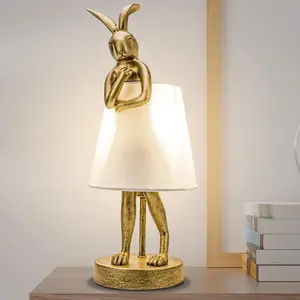 Fashionable Cute Rabbit Animal Table Lamp Creative Rabbit Table Lamp Golden Resin Apron LED Table Lamp White Linen Lampshade 15.7inch Home Decoration Eye Protection Lamp​Desk Lamp Office Study Bedside Lamp