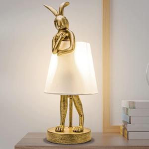 Cute Rabbit Animal Table Lamp Creative Bunny Table Lamp Gold Resin Apron LED Desk Light,White Linen Shade 15.7inch, Home Decor Eye Protection ​Lamp Office Study Bedside Lamp