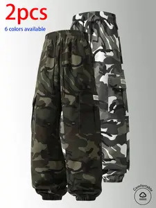 2-pack men’s long pants: camouflage cargo jogger pants with an elastic drawstring waistband and large side pockets; loose fit that doesn’t constrict the legs. Available in multiple colors; suitable for outdoor hiking and camping, everyday streetwear, shor
