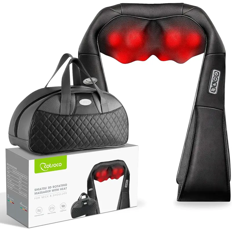 Cotsoco Shiatsu Neck and Back Massager with Heat – Ergonomic 16 Deep Kneading 3D Nodes Electric Neck Shoulder Relaxer, Premium PU Leather for Home & Car, Adulting Unique Cool
