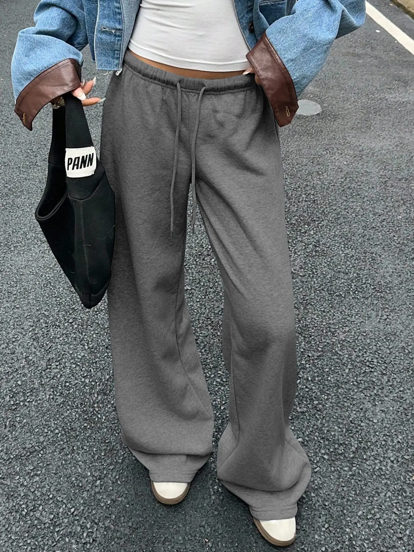 Women's Drawstring High-Waisted Wide-Leg Sweatpants, Loose Fit Long Street Style Streetwear Pants, Casual Spring & Fall Fashion