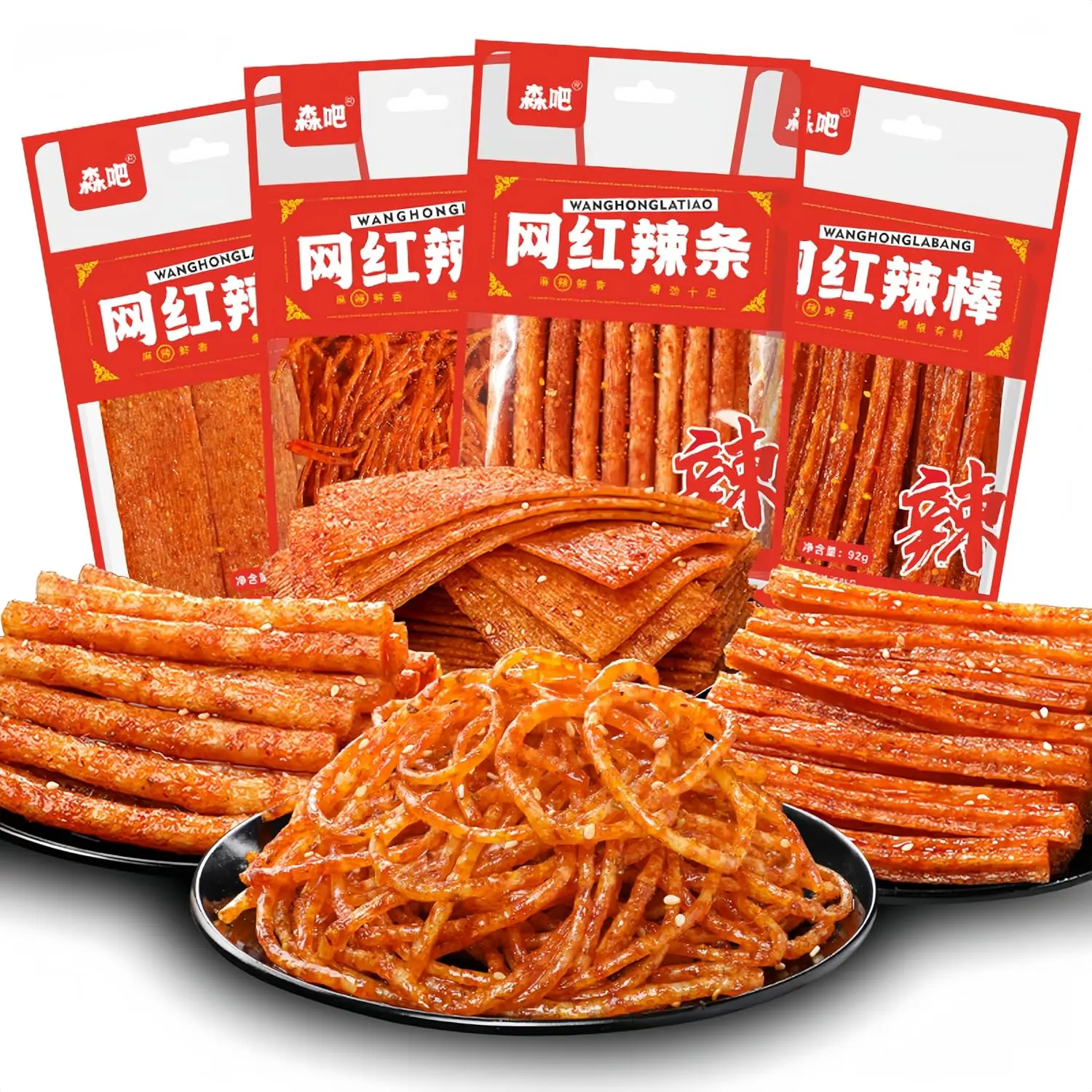 HOT !!! Spicy Strip Small Gluten Latiao - Chinese Special Classic Handmade Gluten Latiao Snack Food Delicious Snacking for Holiday gift Fragrant Spicy Flavour, 4 combinations Packed(4 Bags)