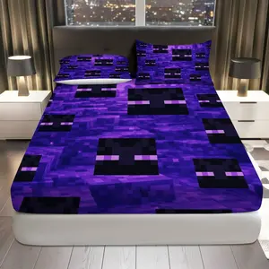 3Pcs Purple Pixel  Fitted Sheet Three Piece Set (1*Fitted Sheet+2*Pillowcases, Coreless), Gaming theme, Soft Comfortable Bedding Set, Mattress protector Soft, Breathable