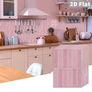 10 PCS GST Blush Pink Vertical Striped PE Crystal Foam Tile Stickers, Waterproof Oil-Proof Anti-Collision Self-Adhesive Wall Decals for Kitchen Bathroom Ceiling Old Wooden Boards