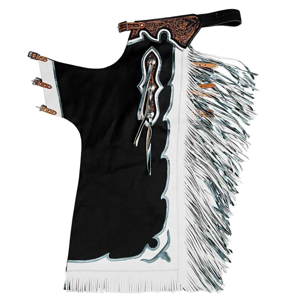 Hilason Hand-Tooled Bull Riding Rodeo Chaps Black Leather Unisex Western