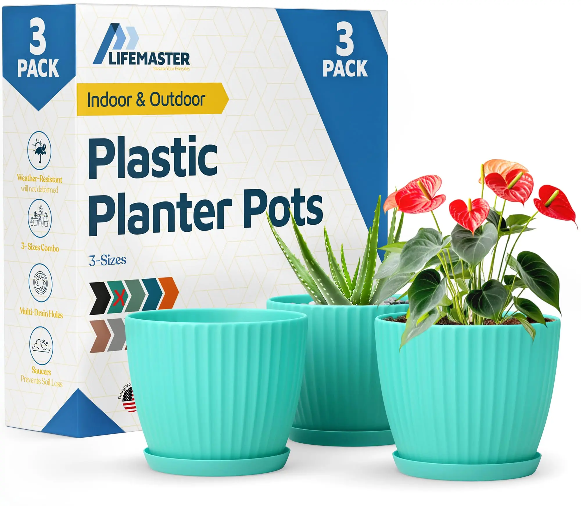 Lifemaster 6 Inch Plant Pots 3 Pack with Drainage Saucers Indoor Outdoor Planters