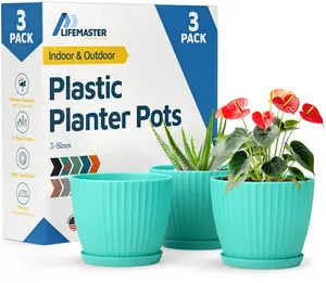 Lifemaster 6 Inch Plant Pots 3 Pack with Drainage Saucers Indoor Outdoor Planters