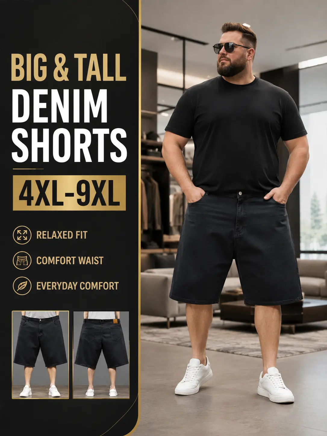 Men's Relaxed Fit Black Denim Shorts, Plain Loose-Fit Casual Jorts with a Comfortable Elastic Waistband - Plus Size