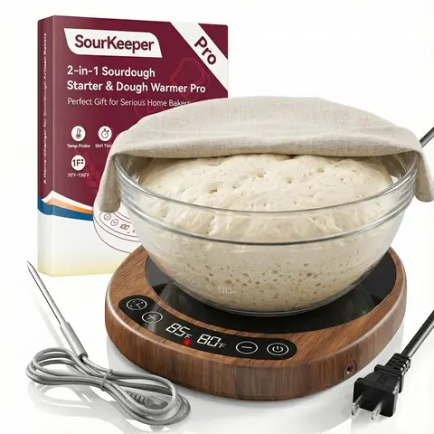 SourKeeper Pro 2-in-1 Sourdough Starter Warmer Home Baking Tools, 2026 Upgrade Larger Heating Plate Dough Temp Probe 1°F Control 70-110°F 24H Timer Real-Time Monitoring for Beginner Bakers Walmut Bakeware
