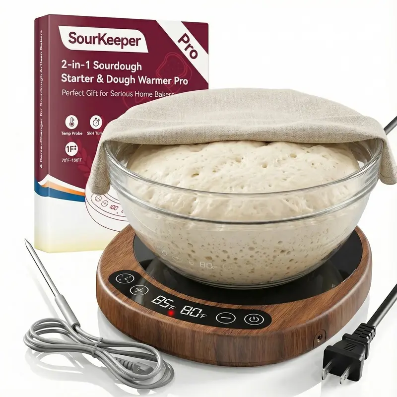 SourKeeper Pro 2-in-1 Sourdough Starter Warmer Home Baking Tools, 2026 Upgrade Larger Heating Plate Dough Temp Probe 1°F Control 70-110°F 24H Timer Real-Time Monitoring for Beginner Bakers Walmut Bakeware