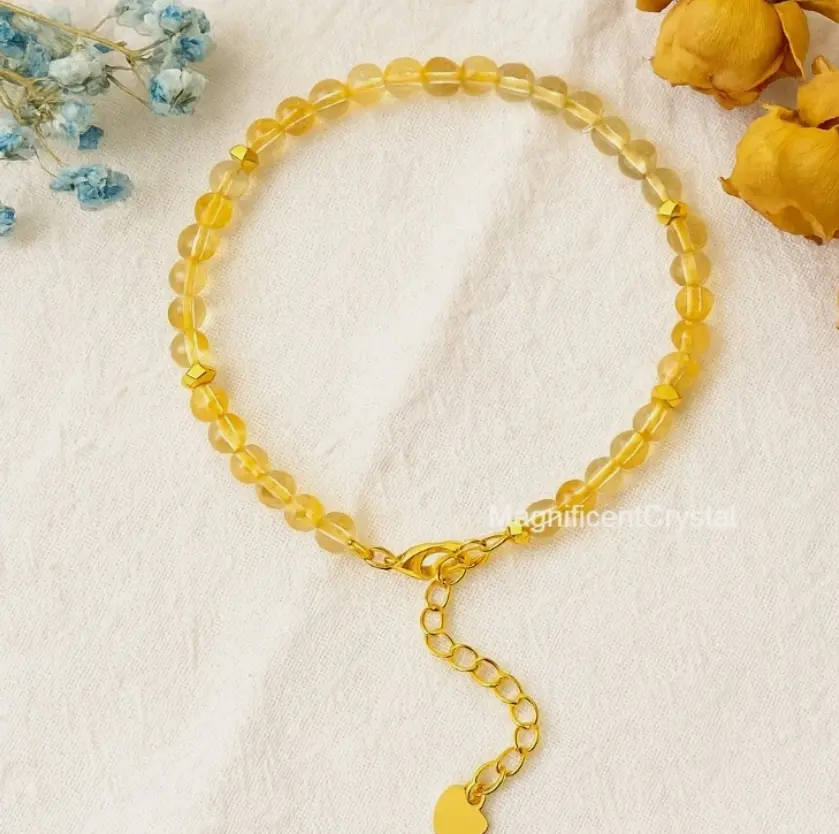 Women's Natural Citrine Gemstone Dainty Yellow Crystal Beaded Energy Bracelet, Fashion Costume Jewelry for Abundance Gift, Crystal Beaded Bracelet