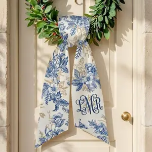 Monogrammed Wreath Sash, Blue White Toile Door Decor, Personalized Floral Wreath Sash, Custom Wedding Gift, Mother's Day Gift