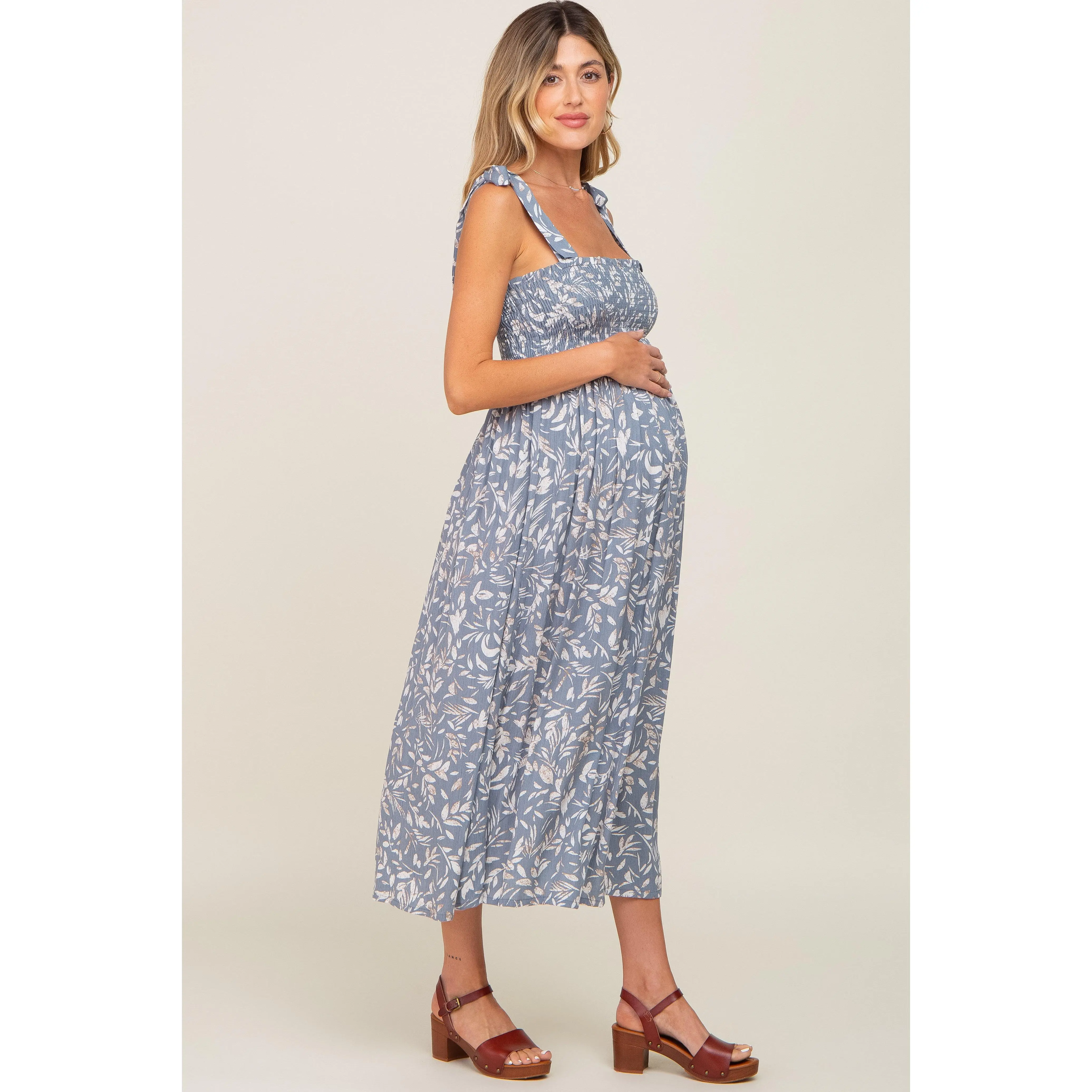 Light Blue Floral Smocked Shoulder Tie Maternity Midi Dress - TikTok Shop