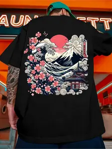 Men's Japanese Mount Fuji & Cherry Blossom T-Shirt - Japanese-Themed Short Sleeve Summer Top with Iconic Landmark Print, 95% /5% Spandex, Casual Streetwear for Travel & Casual Attire