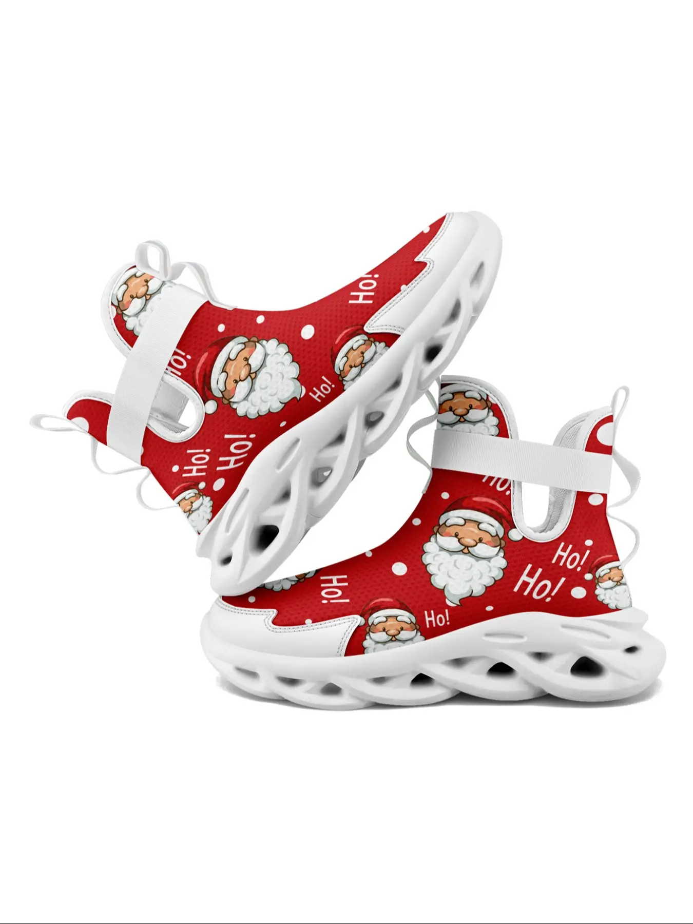Women's Christmas Themed Cute Casual Sneakers, Red Santa Claus Design with Festive Holiday Style, Trendy Versatile Reflective Straps, Lightweight Breathable Mesh and Comfort Non-Slip Durable Sole, Perfect for Outdoor Sports Activities and Daily Wear