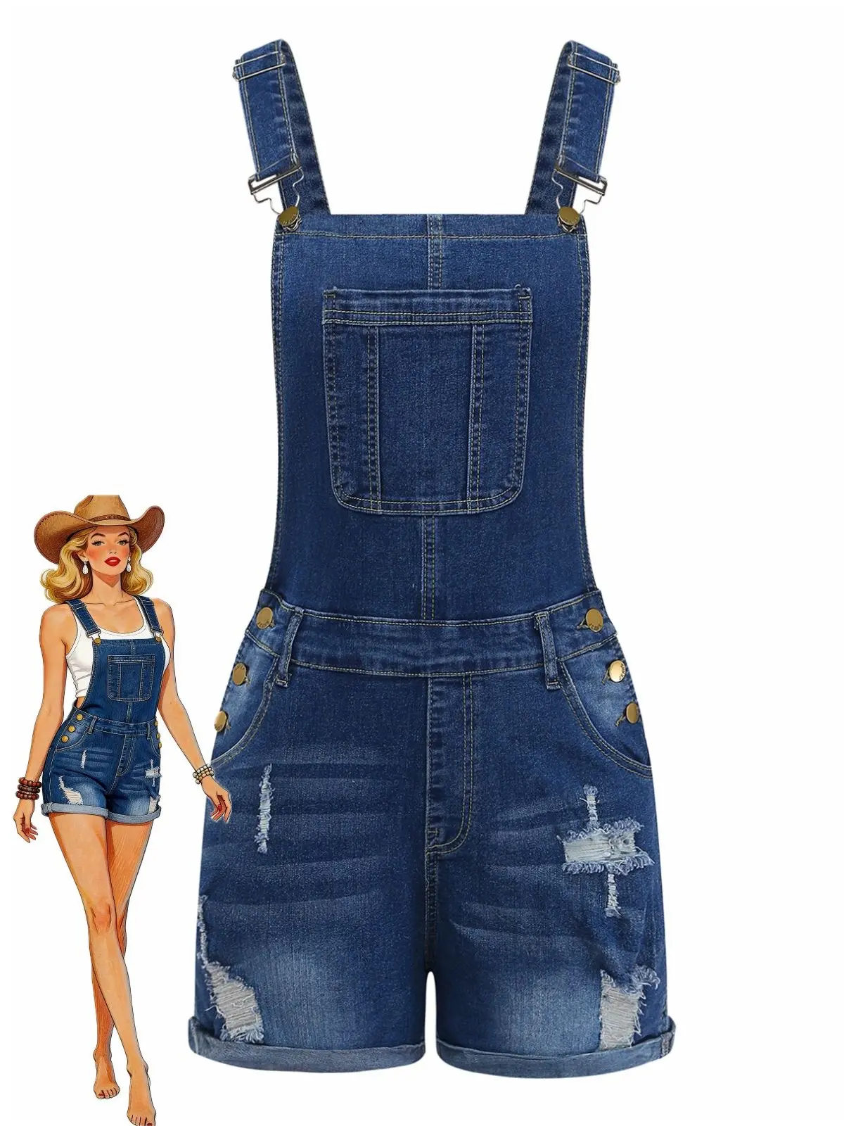 1970s Stretch Ripped Denim Overall Romper summer vacation outfits