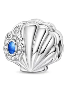 Summer Vacation Seashell Bead Charm, Plated 925 Silver Color, Blue Cz Inlaid, Ocean Themed DIY Jewelry, Beach Holiday Accessory for Women