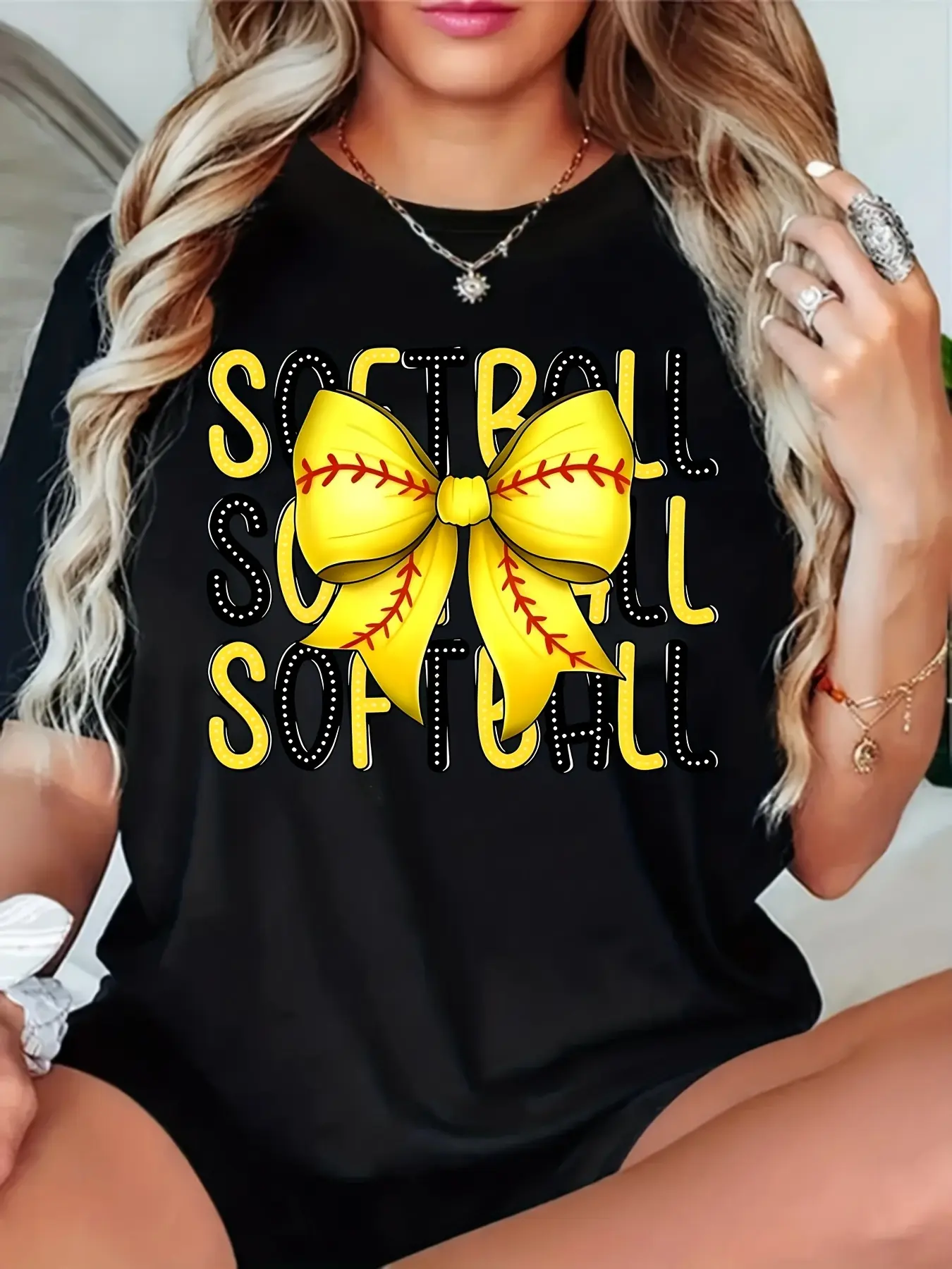 Women's  Men's Softball  Bow Print T-Shirt - Breat unisex soft cotton short sleeve t shirt, vintage graphic casual tee for men women teens, perfect birthday holiday gift for camping travel gym daily street  wear