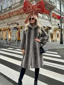 Women's Faux Fur Coat, Winter Fashionable Long Sleeve Jacket, Retro Hooded Loose Fit Medium-Length Outerwear for Daily Wear