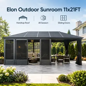 Elon Outdoor Sunroom Solarium Gazebo with Hardtop Galvanized Steel Roof 11x21FT All Season Patio Enclosure with 2 Lockable Sliding Doors Detachable PE Screen Netting and Curtains for Garden Deck Backyard Guest House
