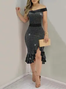 Women's Rhinestone Decor Off Shoulder Ruffle Bodycon Dress, Elegant Chic Cap Sleeve Midi Dress for Evening Party Gown, Ladies' Clothes for Spring & Fall