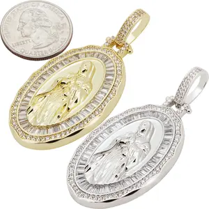 14k Yellow/White Gold Plated AAA Cubic Zirconia Virgin Mary Medallion Pendant