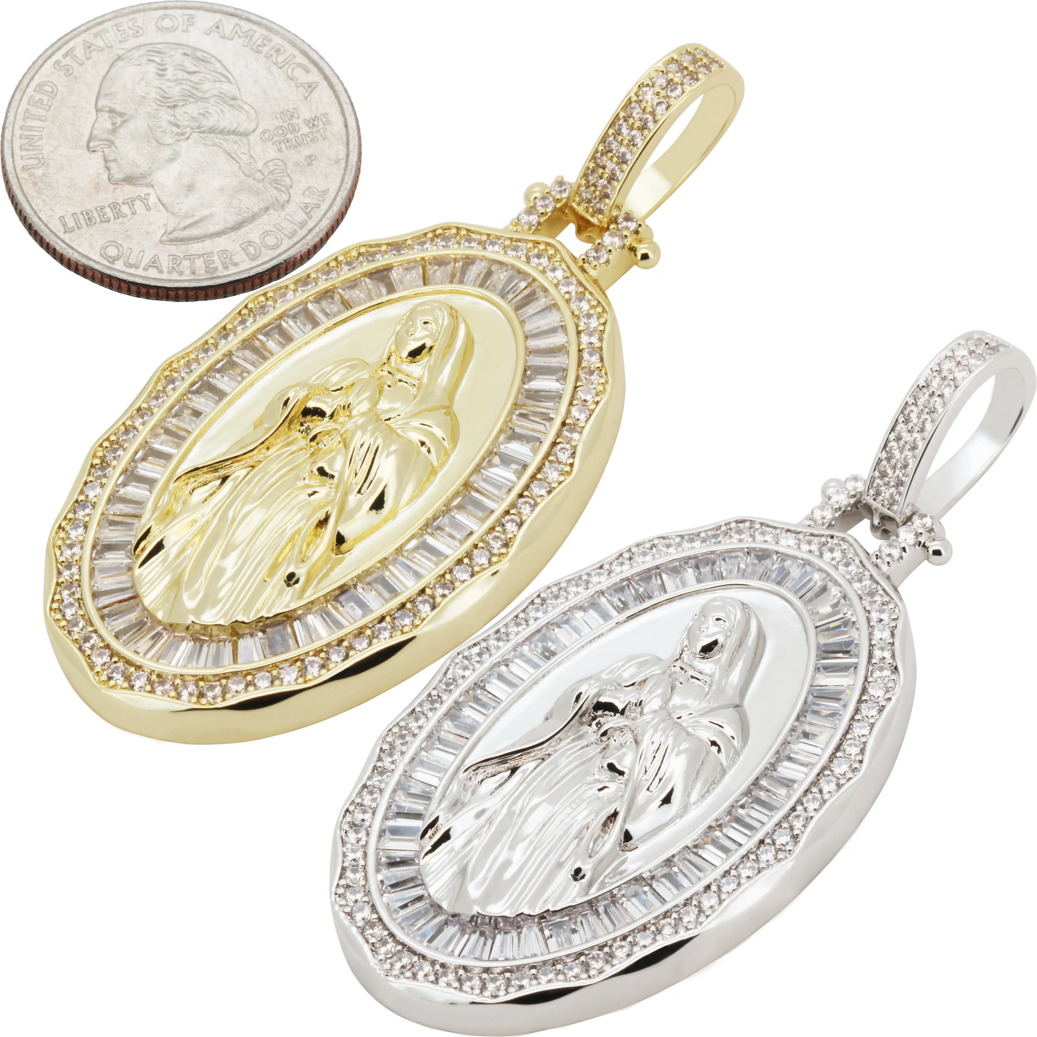 14k Yellow/White Gold Plated AAA Cubic Zirconia Virgin Mary Medallion Pendant