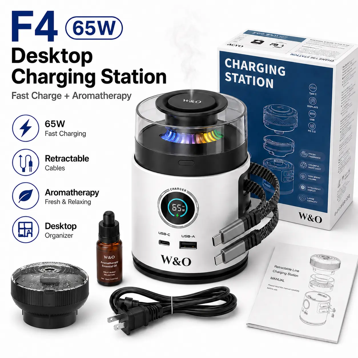 W&O F4 65W Desktop Charging Station, 4-Device Fast Charger with Retractable Cables, USB-C & USB-A Ports, Aromatherapy Diffuser, 7-Color Ambient Light, Smart Display, Desktop Organizer for Home, Office & Bedside