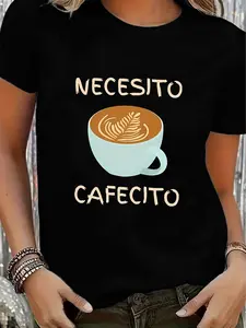 Cute Coffee Cup Pattern Women's Round Neck T-Shirt, Breathable and Soft, Casual Fitted Design, Perfect for Daily Commuting and Streetwear, Everyday