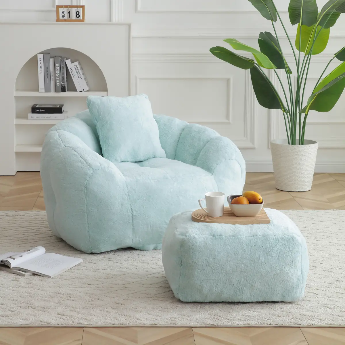 Giant Pre-Filled Shell-Form Faux Fur Bean Bag Chair with Arms & Footstool - 45.4"x36"x25.6" Polyurethane Foam Filler, Beanbag Lazy Sofa, Floor Sofa Lounge, Oversized Indoor Adult Gaming Seating (48 hours to breathe), Indoor Lounge Furniture