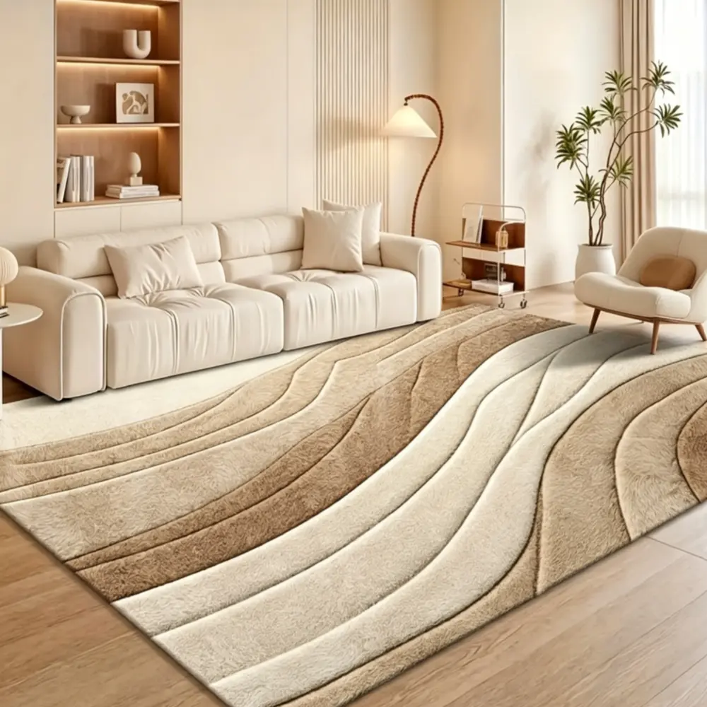 Modern Wave Design Area Rug for Living Room - Soft Textured Neutral Tones - Perfect for Contemporary Home Decor Large Velvet Area Rug, Thick Soft Non-Slip Indoor Floor Mat, Decorative Carpet for Living Room Bedroom Entryway Hallway Bathroom Dorm Bedside
