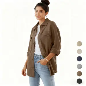 Women's Shacket Jacket with Pockets Casual Fall Coat Long Sleeve Flannel Shirts Button Down Collared Winter Clothes Fit Outfits Soft Warm Chic Oversized Tops
