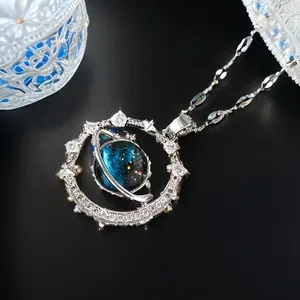 Elegant Blue Planet Pendant Necklace - Luxurious Starry Sky Design, Sparkling Accents, Suitable for New Year and Valentine's Day Gifts, Couple's Necklace, Teen Necklace