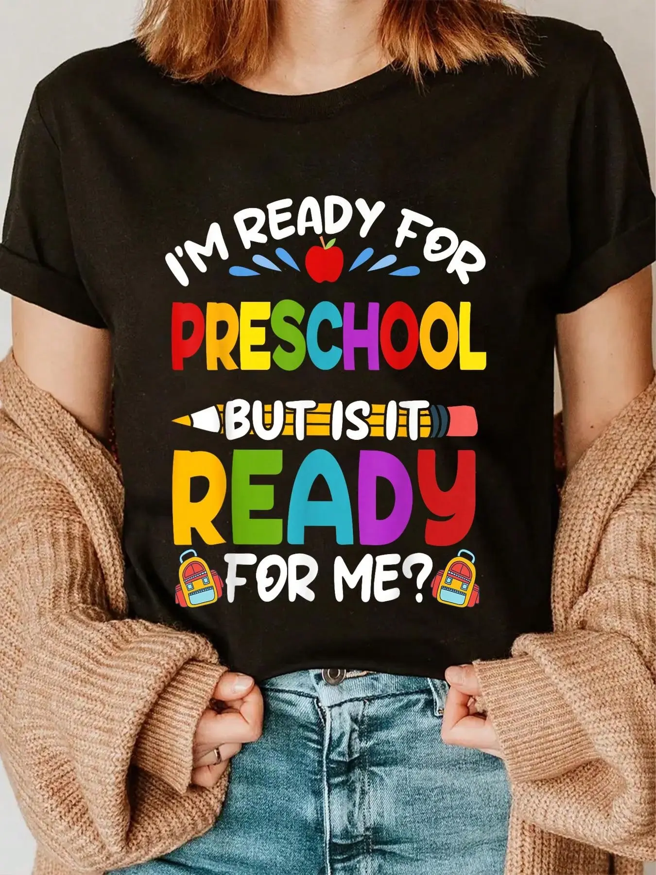 100% Cotton Im Ready For Preschool First Day Of School Girls Boys T-Shirt Short Sleeve T-Shirt Women's Men's Graphic Tee Causal Tops