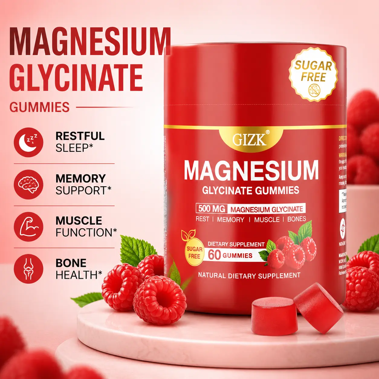 GIZK 500mg Magnesium Glycinate Gummies, Sugar‑Free No Melatonin Raspberry Gummy, Deep Calm Sleep & Stress Relief, Muscle Nerve Bone Support, Vegan for Adults & Kids 4+, 60 Count