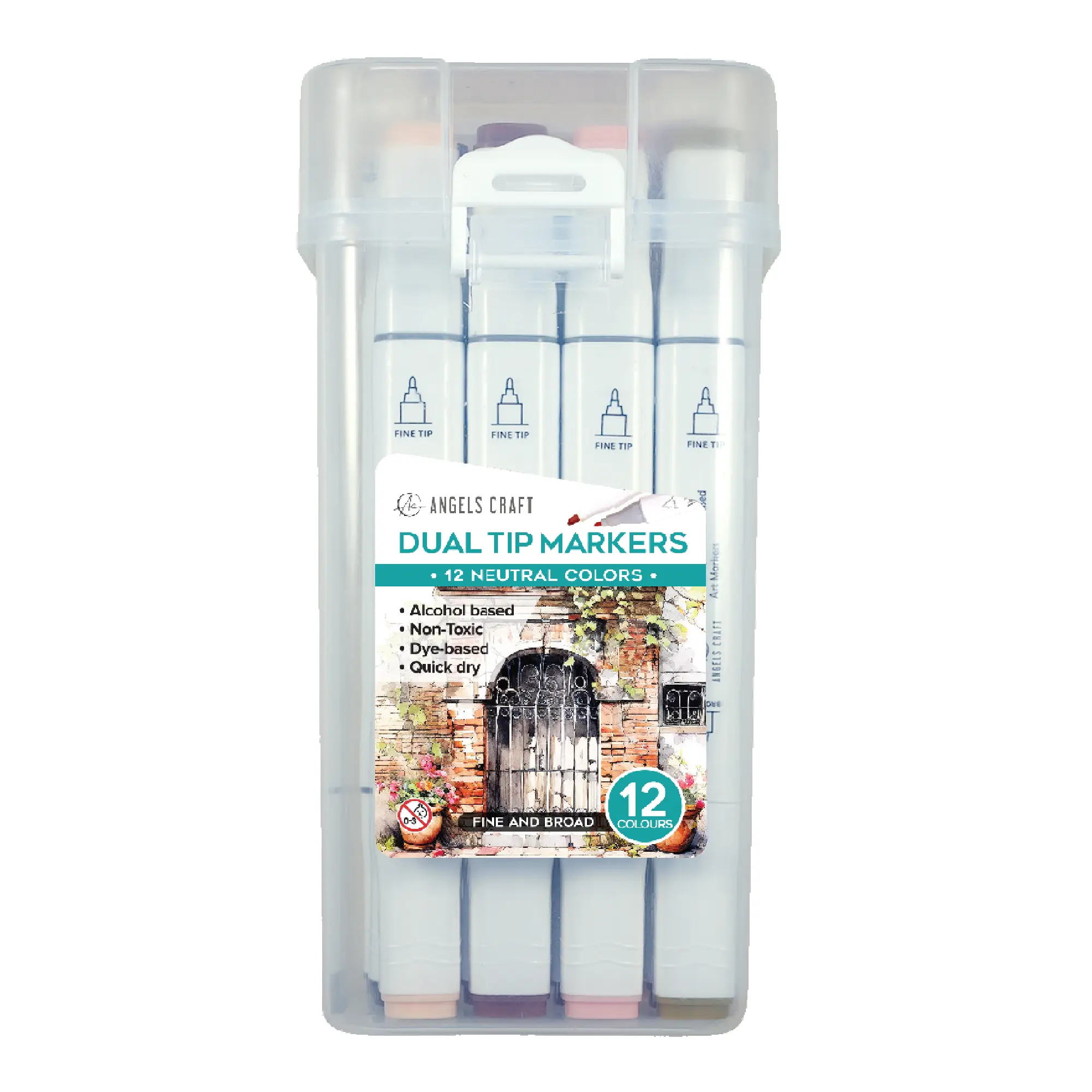 12-Piece Dual Tip Marker Set with Reusable Storage Case - Alcohol Based, Non-Toxic - 12 Neutral Theme Markers