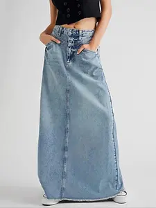 Women's Pocket Button Denim Skirt, Maxi Skirt, Street Fashion Casual Everyday Comfy Fit Denim Skirt for Daily Outdoor Wear, Ladies Bottoms for Summer