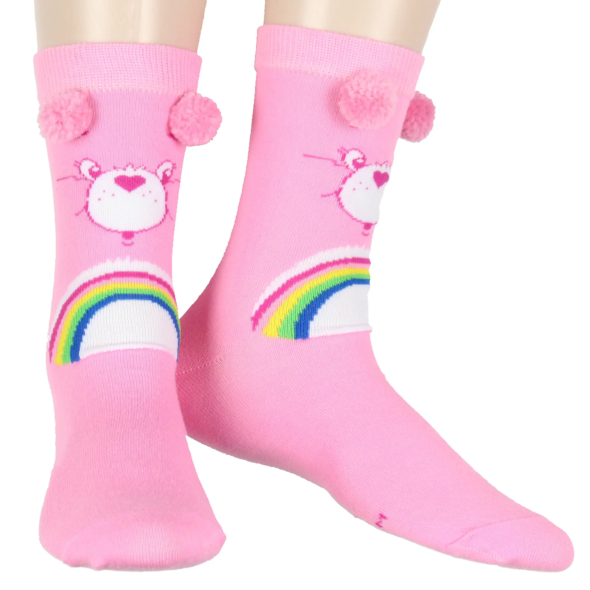 Care Bears Socks Women's Cheer Bear Face and Belly Badge Design Pom-Pom Mid-Calf Junior's Crew Socks Size 9-11