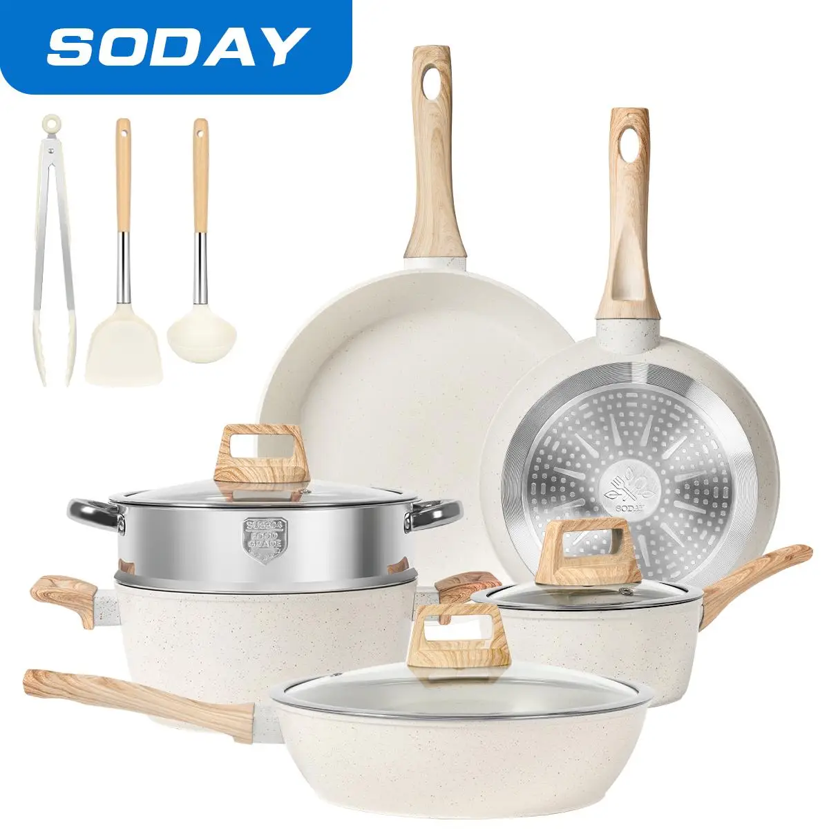 SODAY Pots and Pans Set Non Stick,12/17 Pcs Kitchen Cookware Sets Nonstick Induction Cookware White Granite Cooking Set with Frying Pans, Saucepans, S